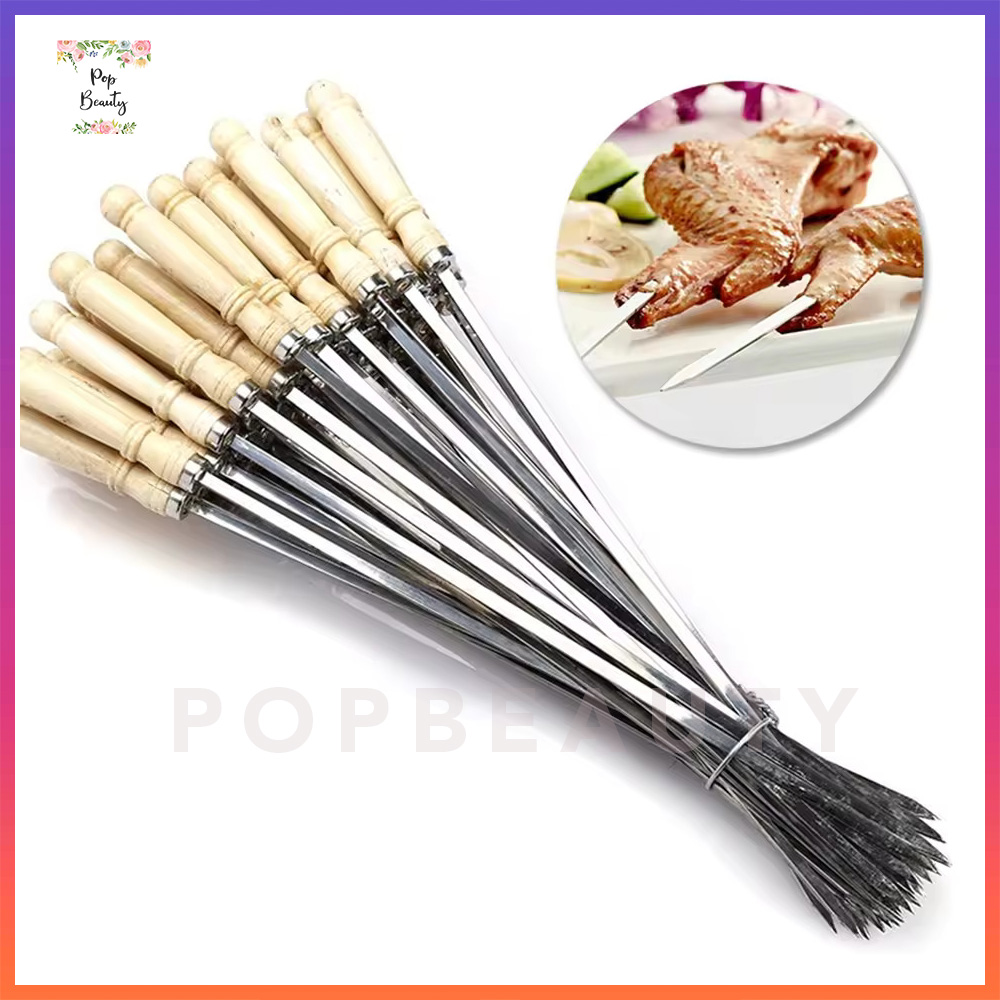 Tusuk Sate Stainless Steel dengan Gagang Kayu (10 Pcs)